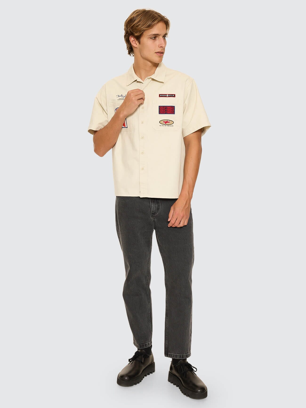 Double Time Short Sleeve Crop Work Shirt - Bone