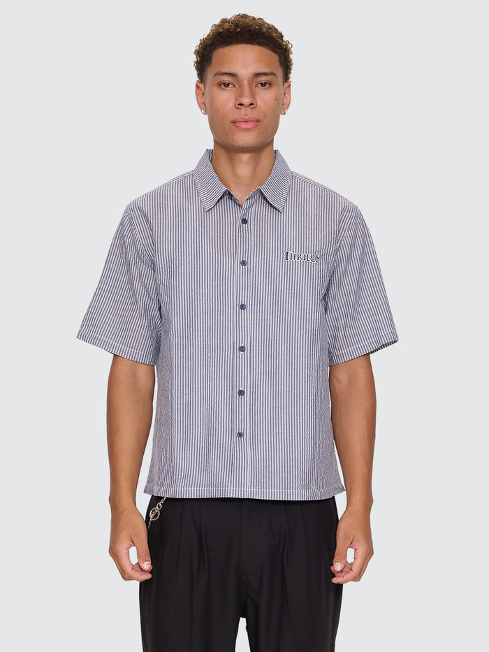 Web Of Deceit Box Crop Short Sleeve Shirt - Navy Stripe