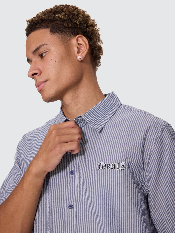 Web Of Deceit Box Crop Short Sleeve Shirt - Navy Stripe