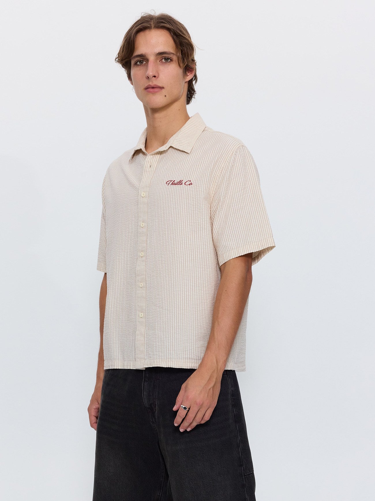 Visions Box Crop Short Sleeve Shirt - Brown Stripe