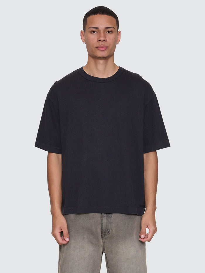 Hemp Thrills Contrast Stitch Box Fit Oversize Cropped Tee - Black - Brown XS