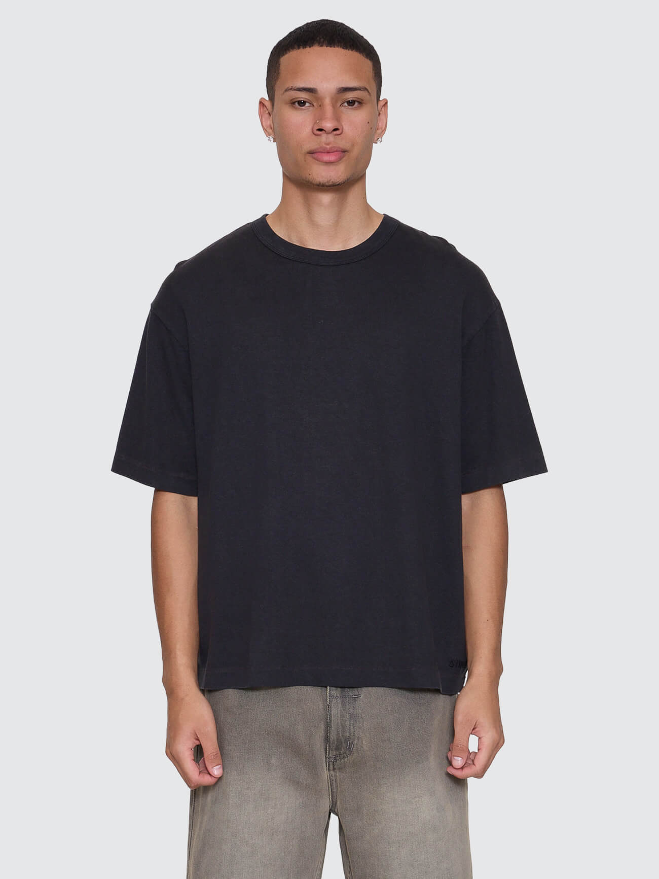 Hemp Thrills Contrast Stitch Box Fit Oversize Cropped Tee - Black - Brown XS