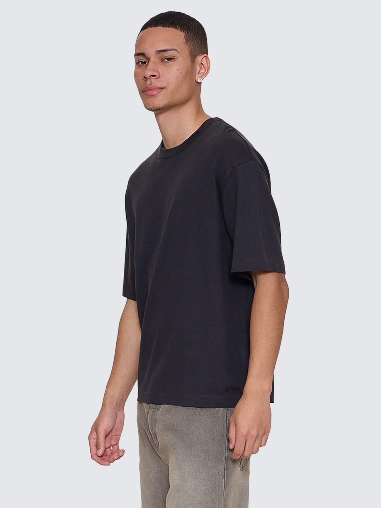 Hemp Thrills Contrast Stitch Box Fit Oversize Cropped Tee - Black - Brown XS