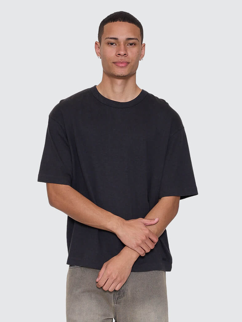 Hemp Thrills Contrast Stitch Box Fit Oversize Cropped Tee - Black - Brown XS