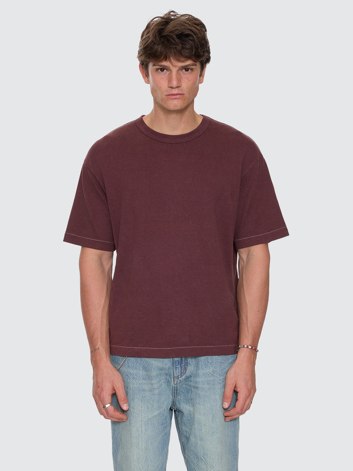 Hemp Contrast Stitch Box Oversize Crop Tee - Bitter Chocolate