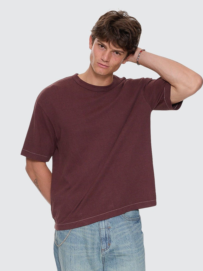 Hemp Contrast Stitch Box Oversize Crop Tee - Bitter Chocolate