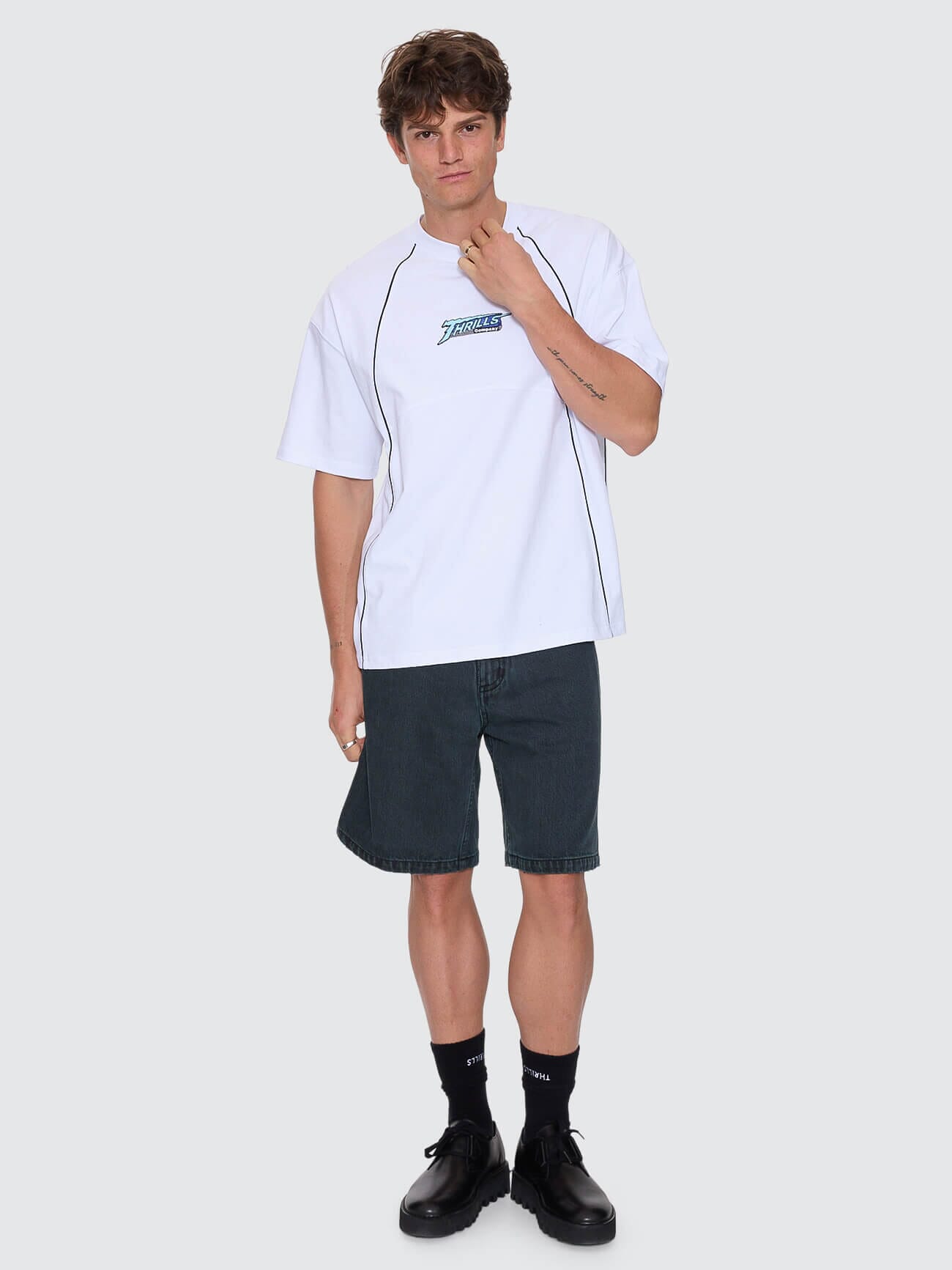 Heavy Voltage Box Fit Oversize Cropped Piping Tee - White XS