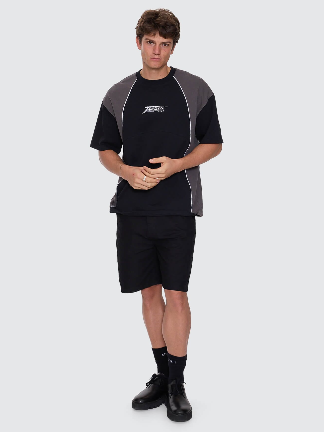 Heavy Voltage Box Fit Oversize Cropped Piping Tee - Black XS