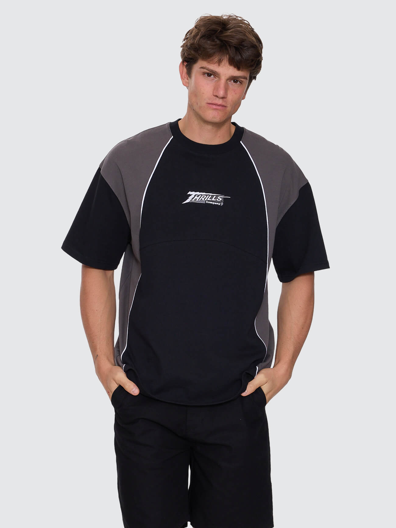 Heavy Voltage Box Fit Oversize Cropped Piping Tee - Black XS