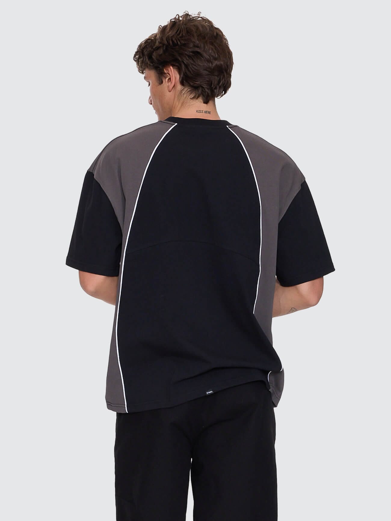 Heavy Voltage Box Fit Oversize Cropped Piping Tee - Black XS