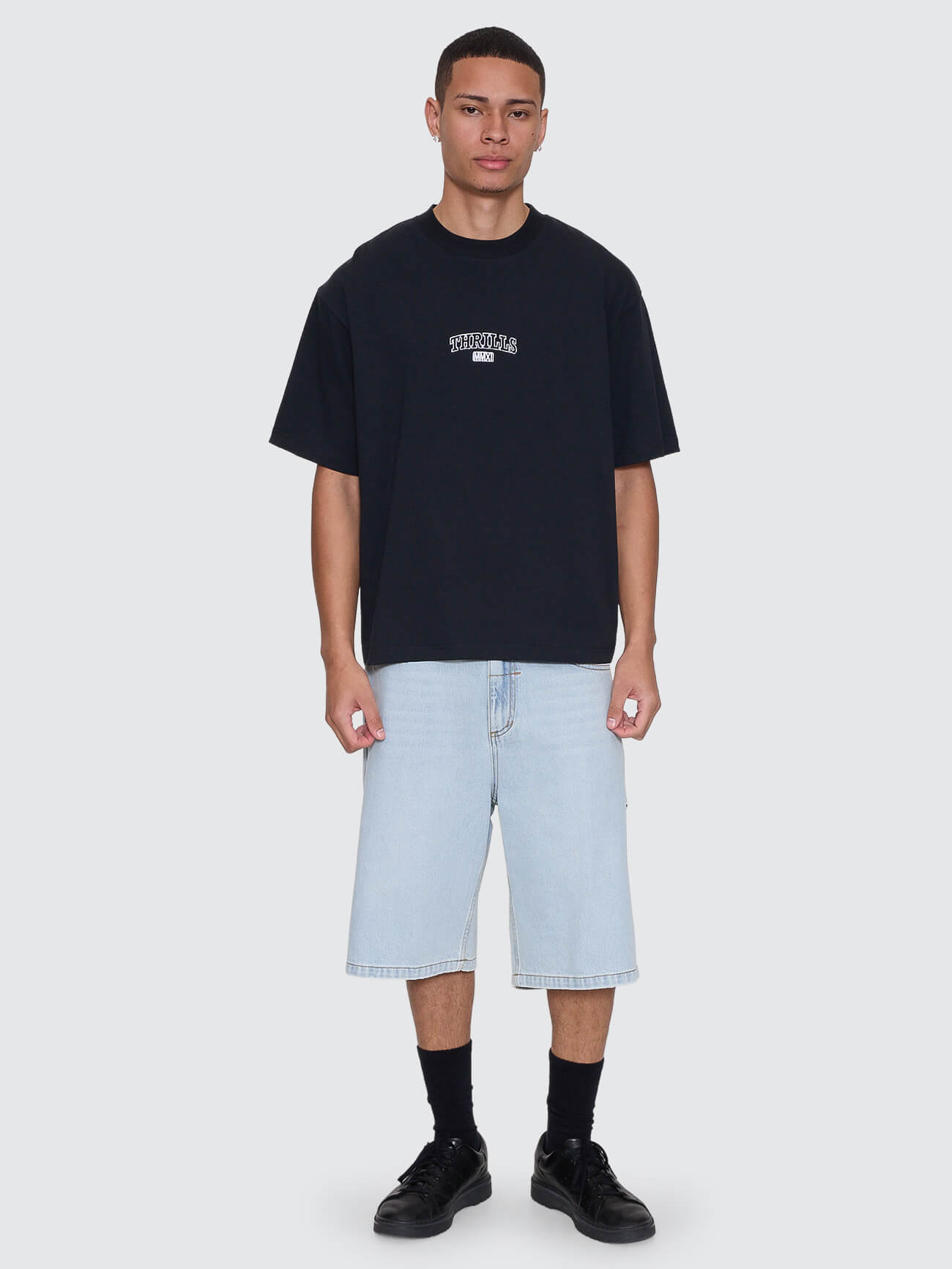 Victory Embro Box Fit Oversize Cropped Contrast Stitch Tee - Faded Black XS