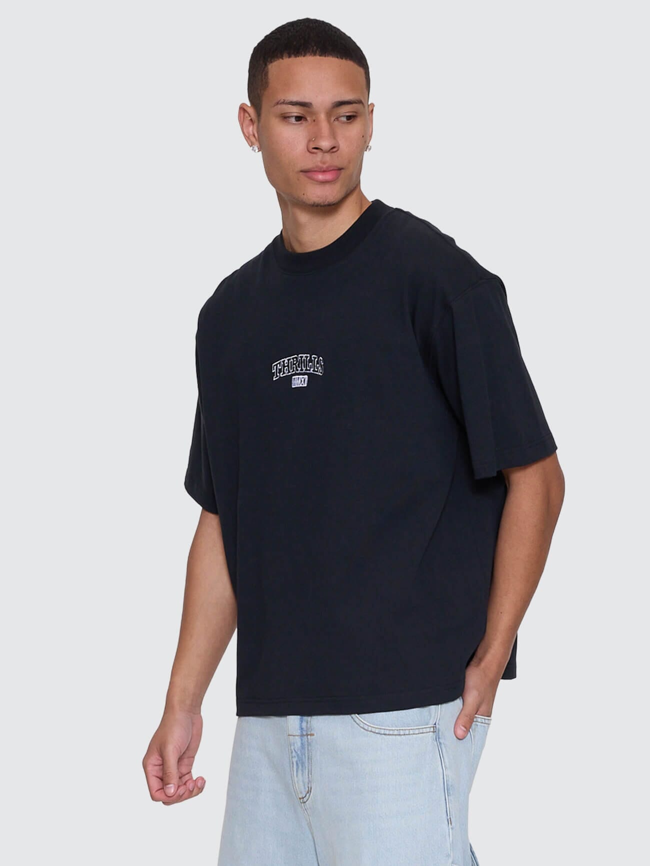 Victory Embro Box Fit Oversize Cropped Contrast Stitch Tee - Faded Black XS