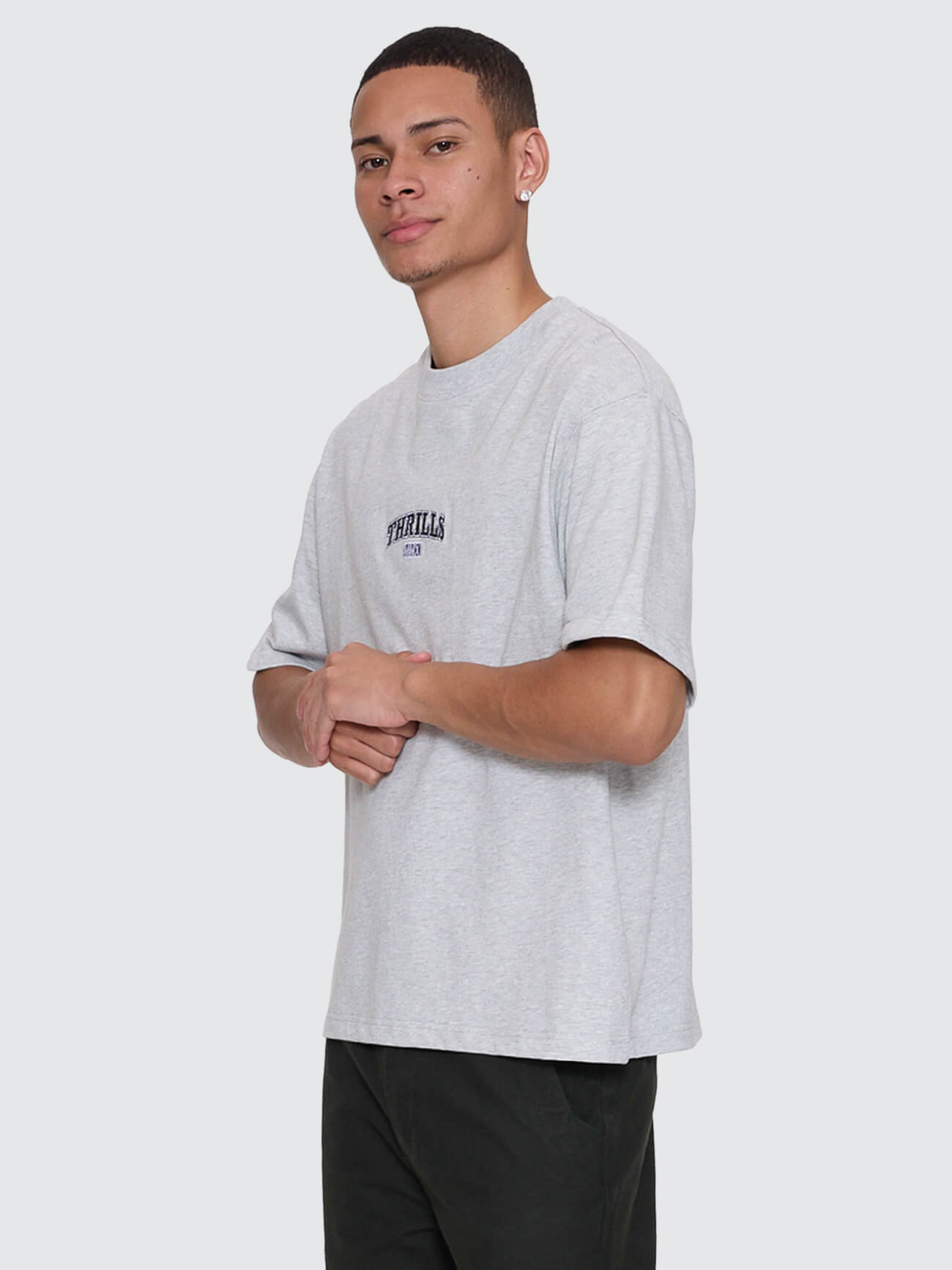 Victory Embro Box Fit Oversize Cropped Contrast Stitch Tee - Snow Marle XS