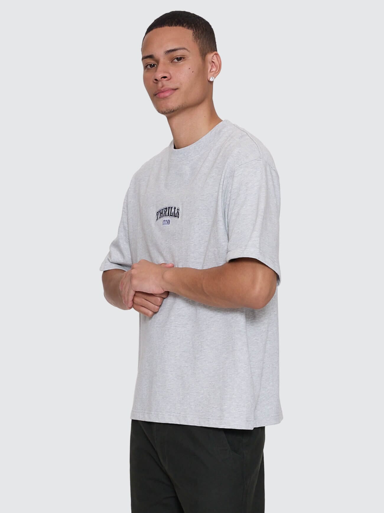 Victory Embro Box Fit Oversize Cropped Contrast Stitch Tee - Snow Marle XS