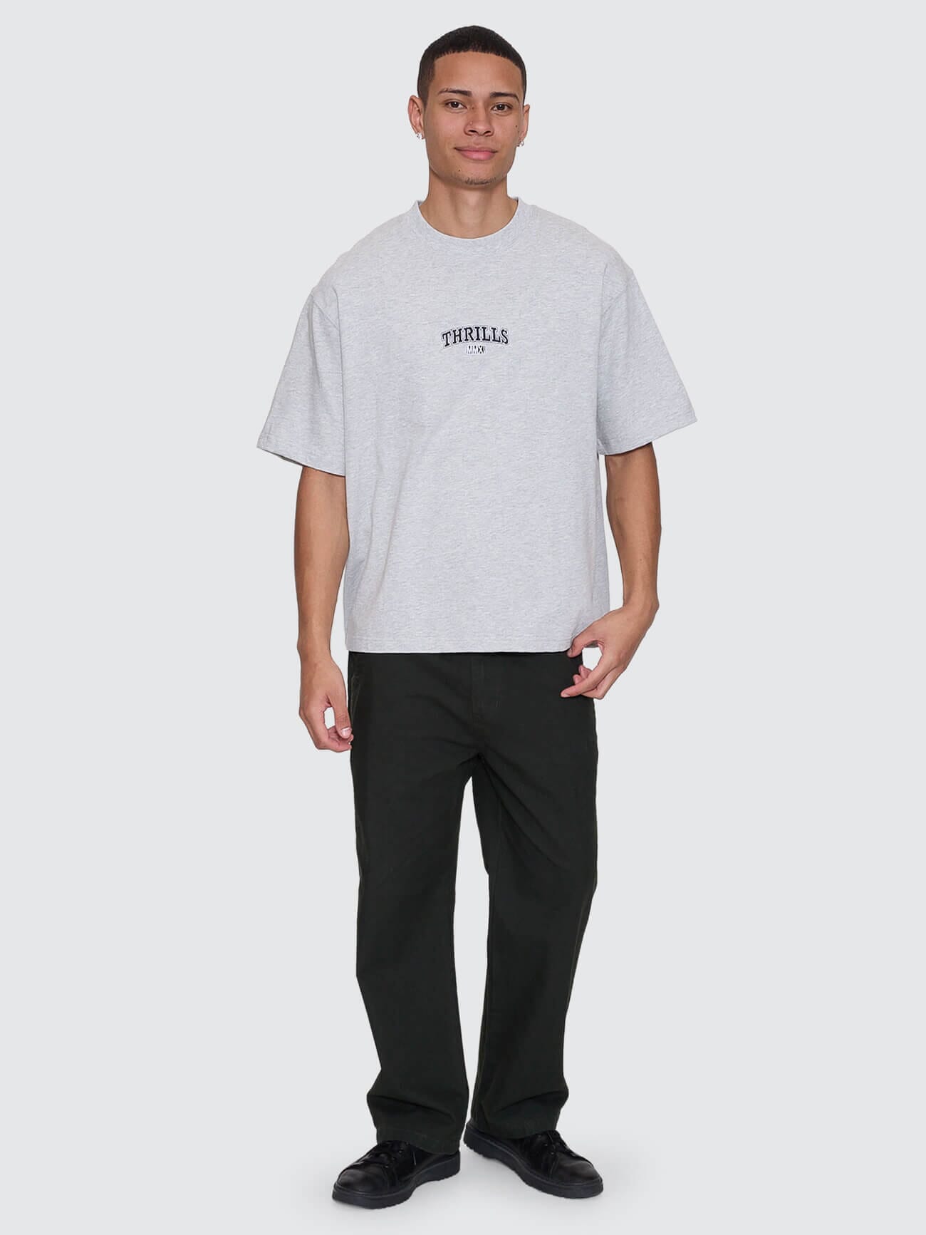 Victory Embro Box Fit Oversize Cropped Contrast Stitch Tee - Snow Marle XS