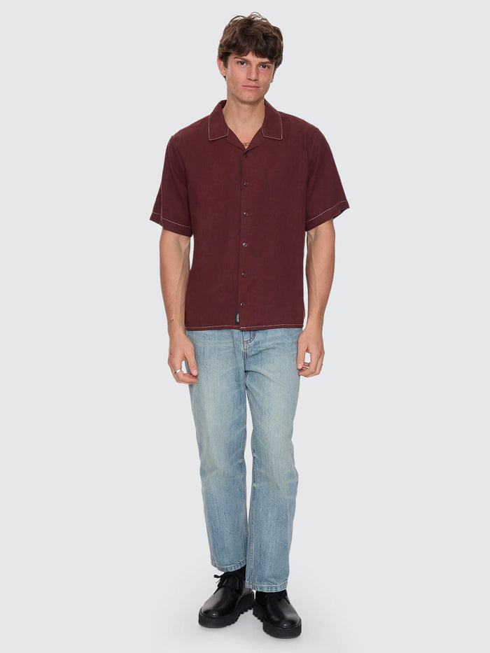Hemp Minimal Thrills Contrast Stitch Cropped Bowling Shirt - Bitter Chocolate XS