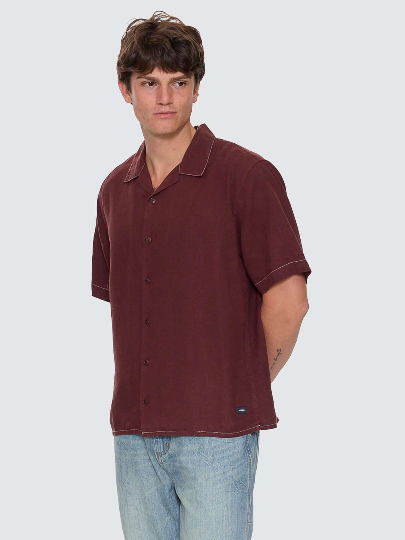 Hemp Minimal Thrills Contrast Stitch Cropped Bowling Shirt - Bitter Chocolate XS