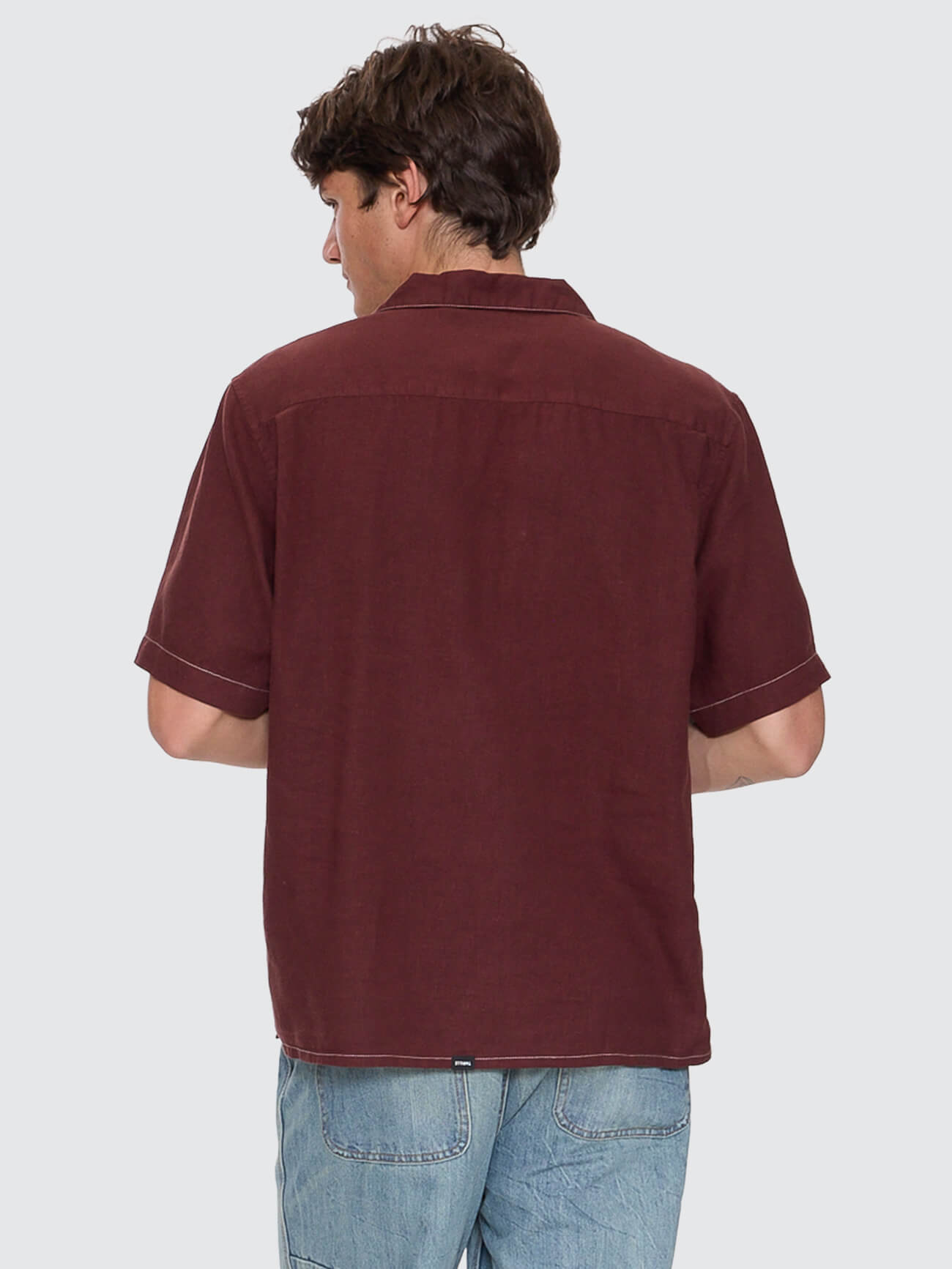Hemp Minimal Thrills Contrast Stitch Cropped Bowling Shirt - Bitter Chocolate XS