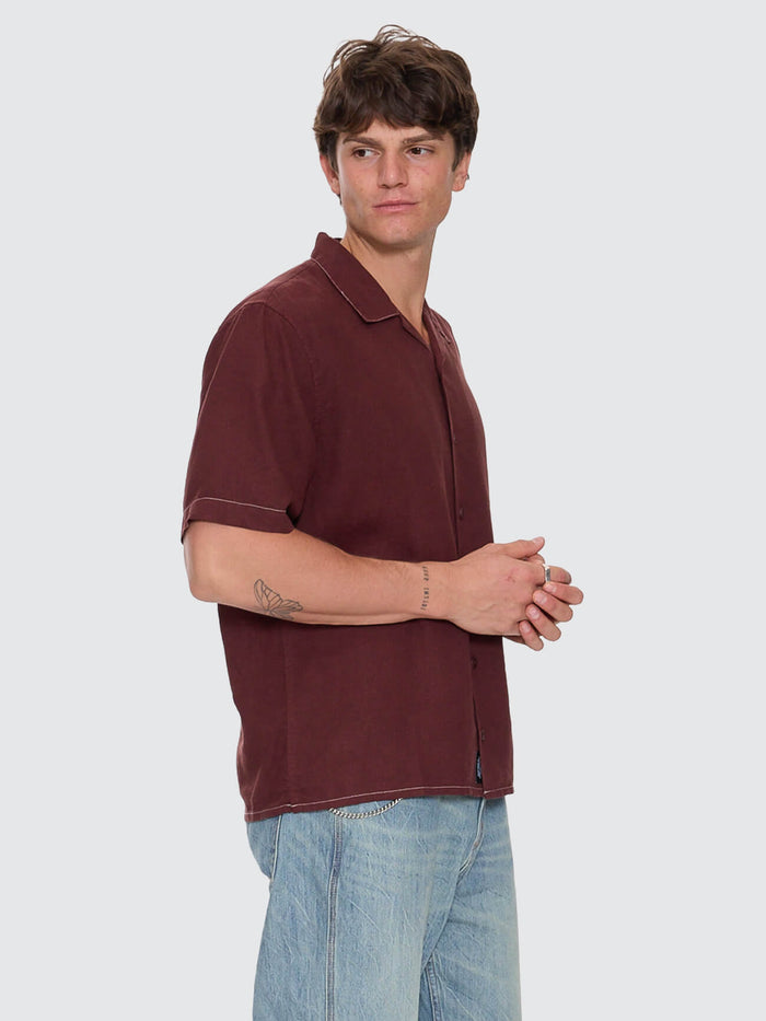 Hemp Minimal Thrills Contrast Stitch Cropped Bowling Shirt - Bitter Chocolate XS