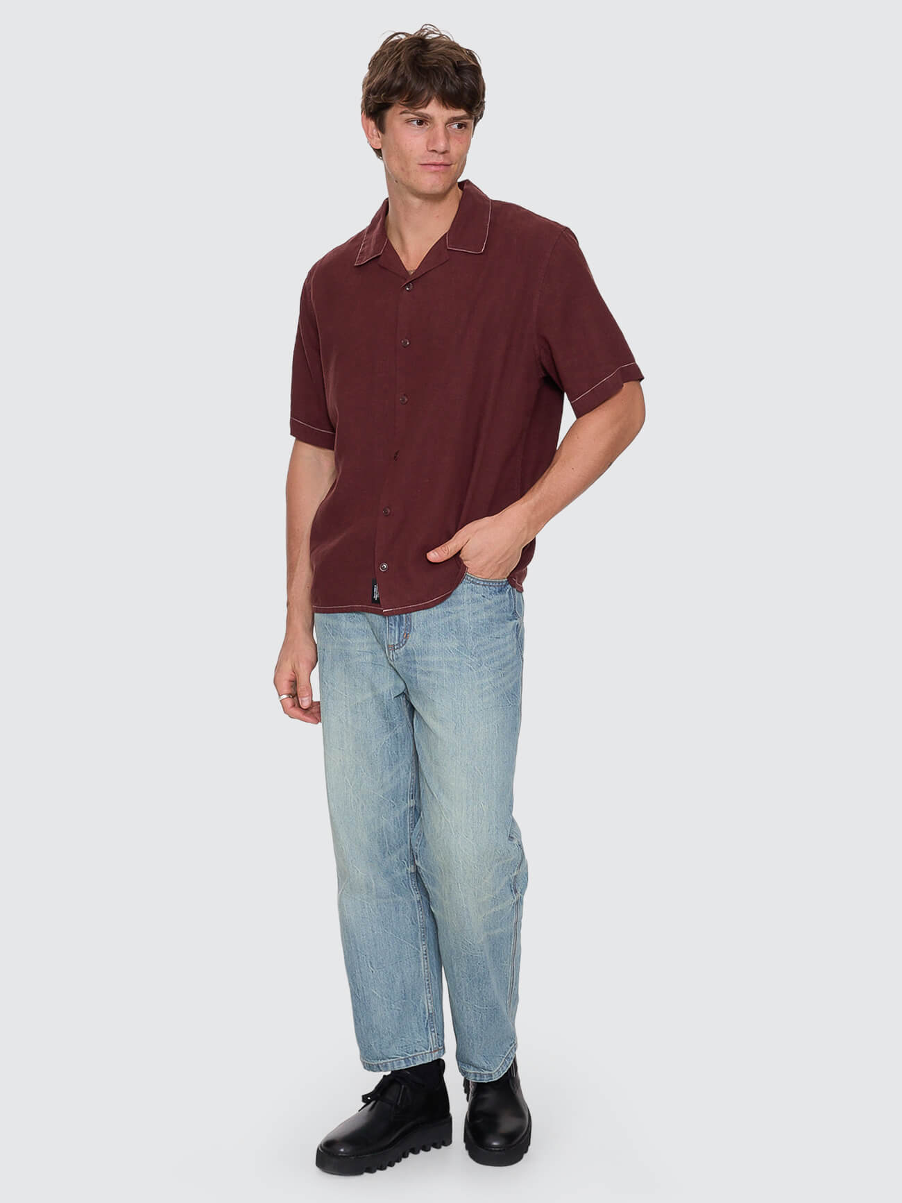 Hemp Minimal Thrills Contrast Stitch Cropped Bowling Shirt - Bitter Chocolate XS