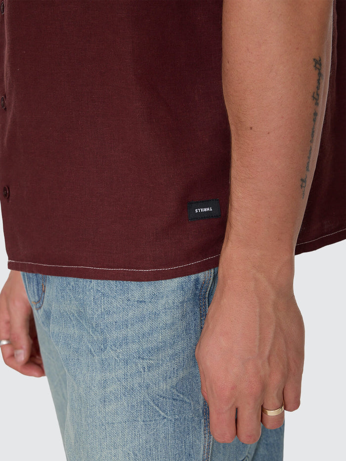 Hemp Minimal Thrills Contrast Stitch Cropped Bowling Shirt - Bitter Chocolate XS