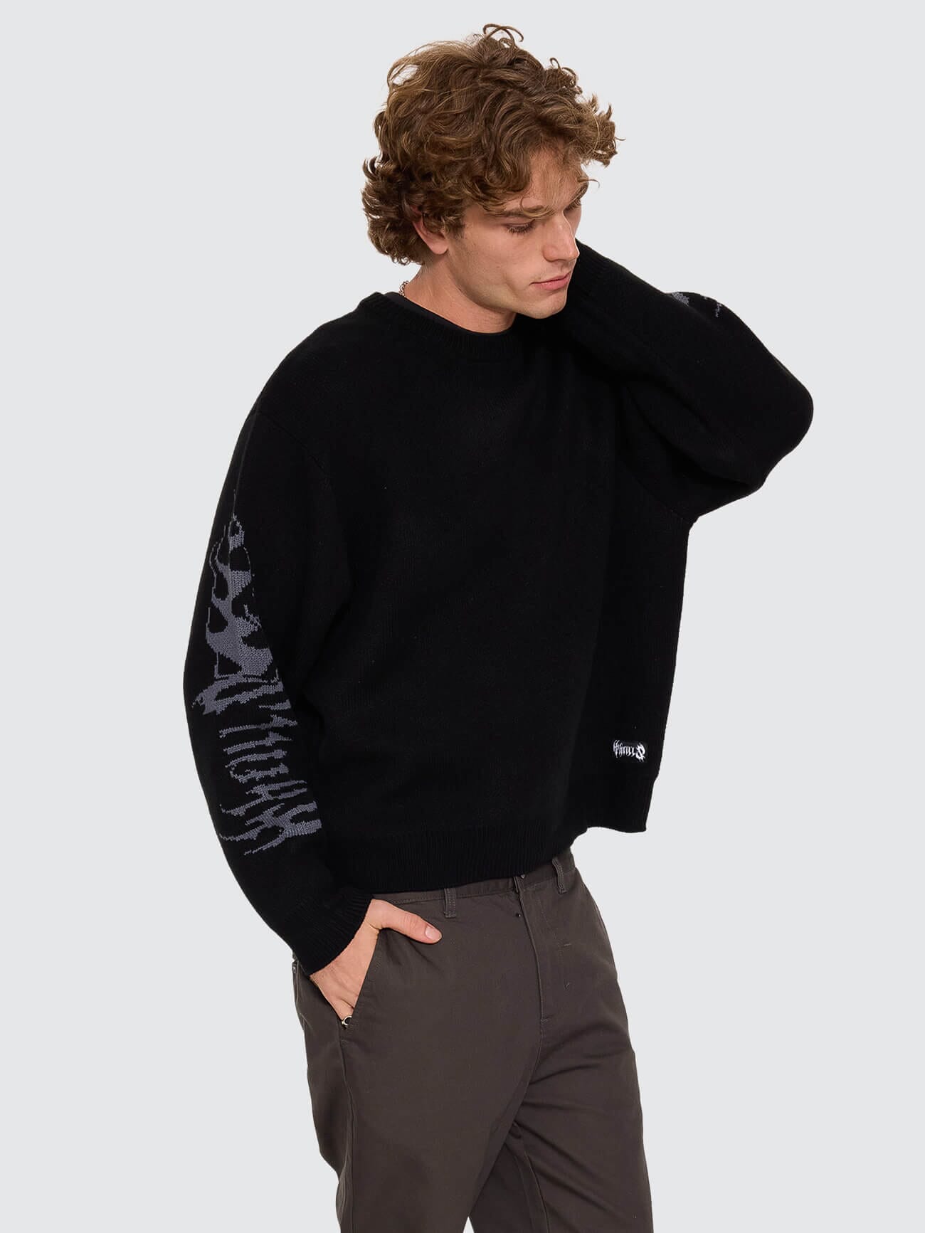 Night Petal Box Fit Crew Cropped Knit - Washed Black XS