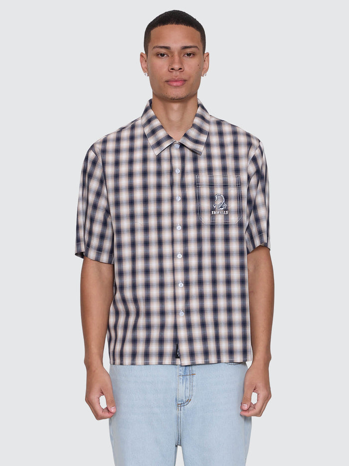 Paradise Falling Short Sleeve Cropped Check Work Shirt - Navy XS