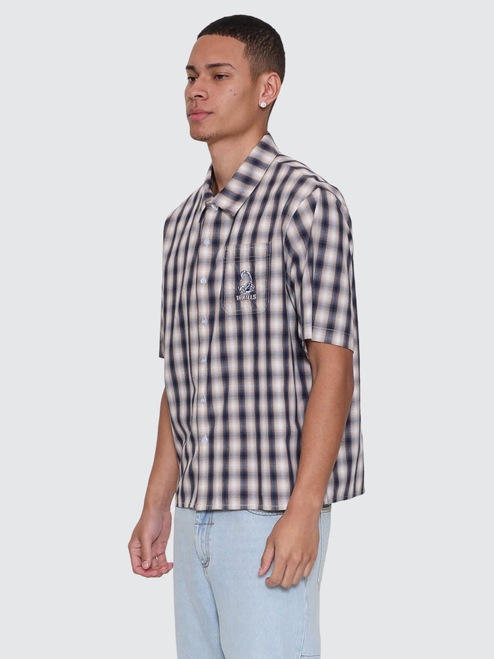 Paradise Falling Short Sleeve Cropped Check Work Shirt - Navy XS