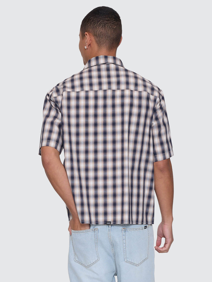Paradise Falling Short Sleeve Cropped Check Work Shirt - Navy XS
