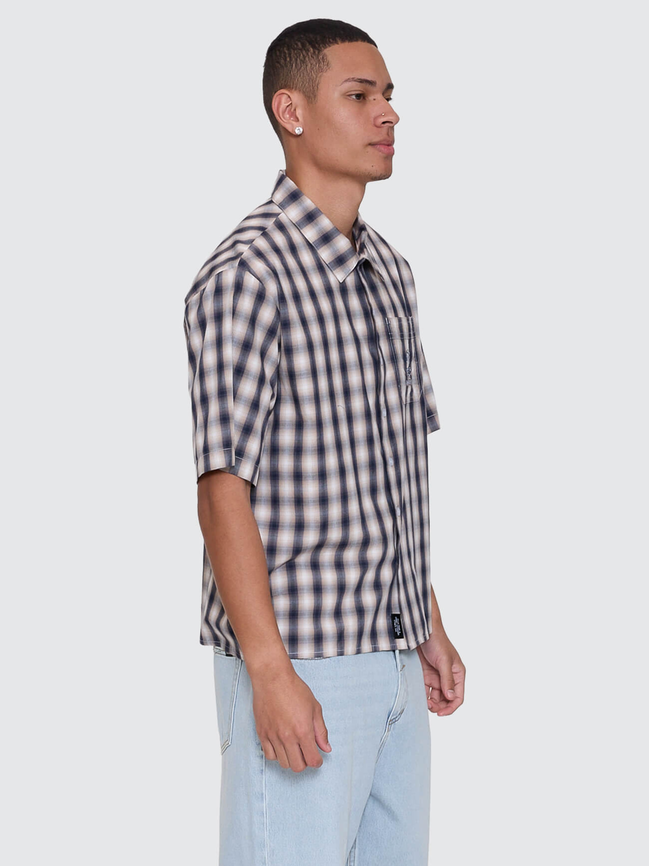 Paradise Falling Short Sleeve Cropped Check Work Shirt - Navy XS