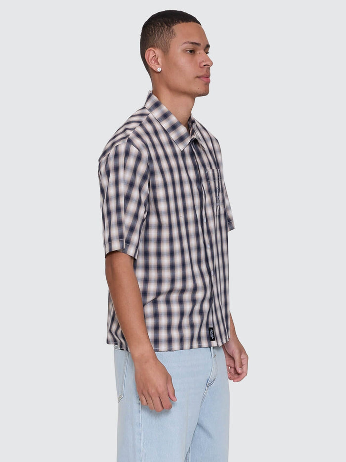 Paradise Falling Short Sleeve Cropped Check Work Shirt - Navy XS