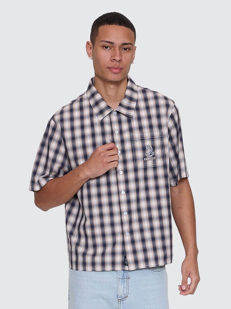 Paradise Falling Short Sleeve Cropped Check Work Shirt - Navy XS