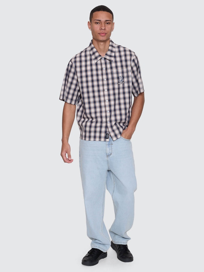 Paradise Falling Short Sleeve Cropped Check Work Shirt - Navy XS