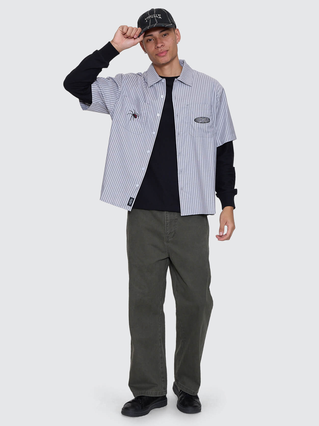 Web Of Deceit Cropped Short Sleeve Work Shirt - Black XS