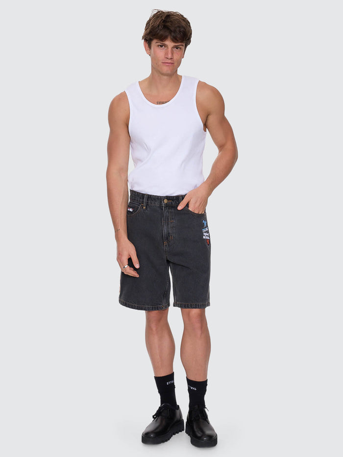 Against All Odds Mid Slacker Relaxed Long Denim Short - Ash Black 26