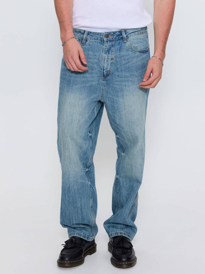 Web of Deceit Mid Slacker Relaxed Long Denim Jean - Dirty Crinkle Blue 26