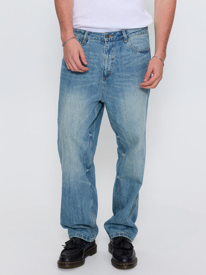 Web of Deceit Mid Slacker Relaxed Long Denim Jean - Dirty Crinkle Blue 26