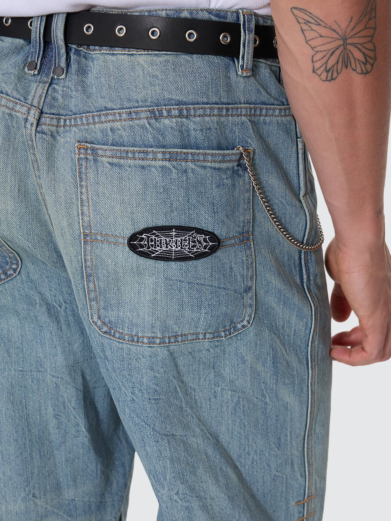 Web of Deceit Mid Slacker Relaxed Long Denim Jean - Dirty Crinkle Blue 26