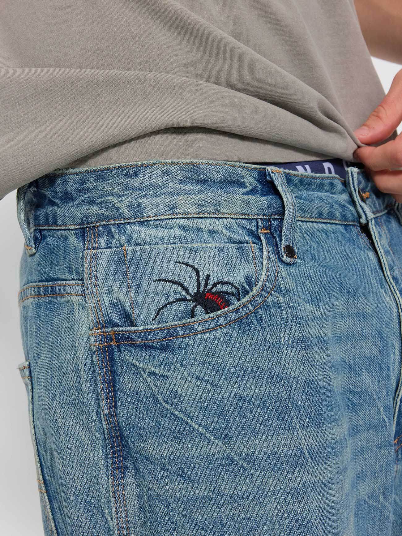 Web of Deceit Mid Slacker Relaxed Long Denim Jean - Dirty Crinkle Blue 26
