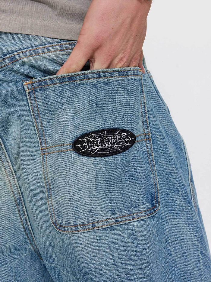 Web of Deceit Mid Slacker Relaxed Long Denim Jean - Dirty Crinkle Blue 26