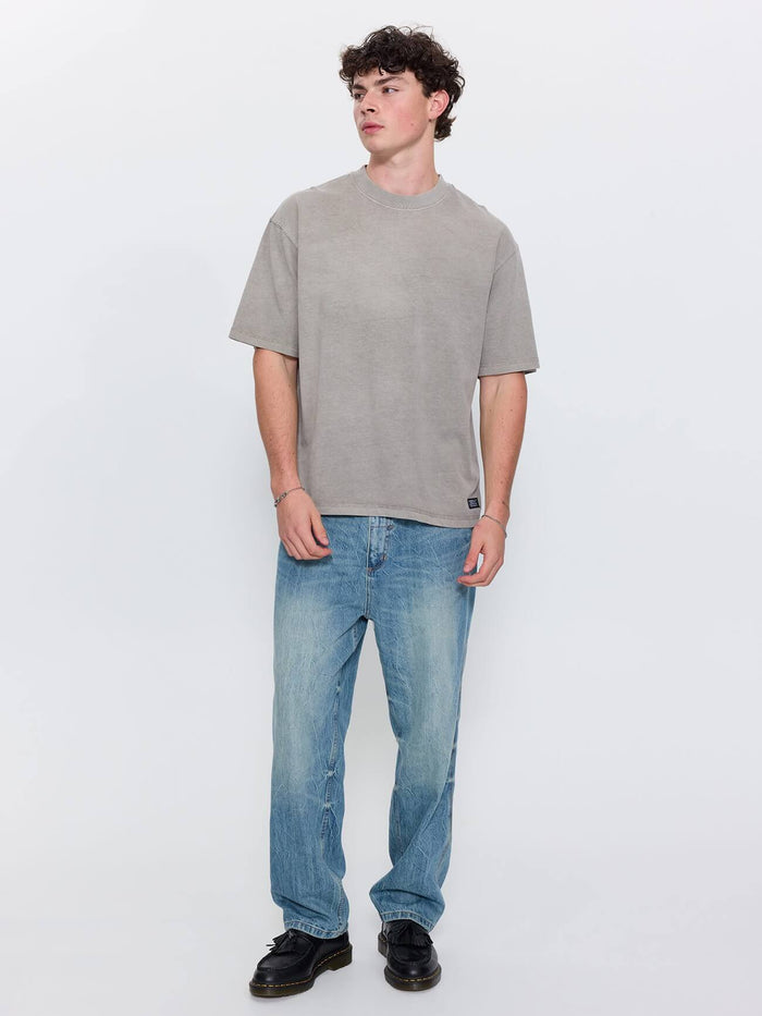 Web of Deceit Mid Slacker Relaxed Long Denim Jean - Dirty Crinkle Blue 26