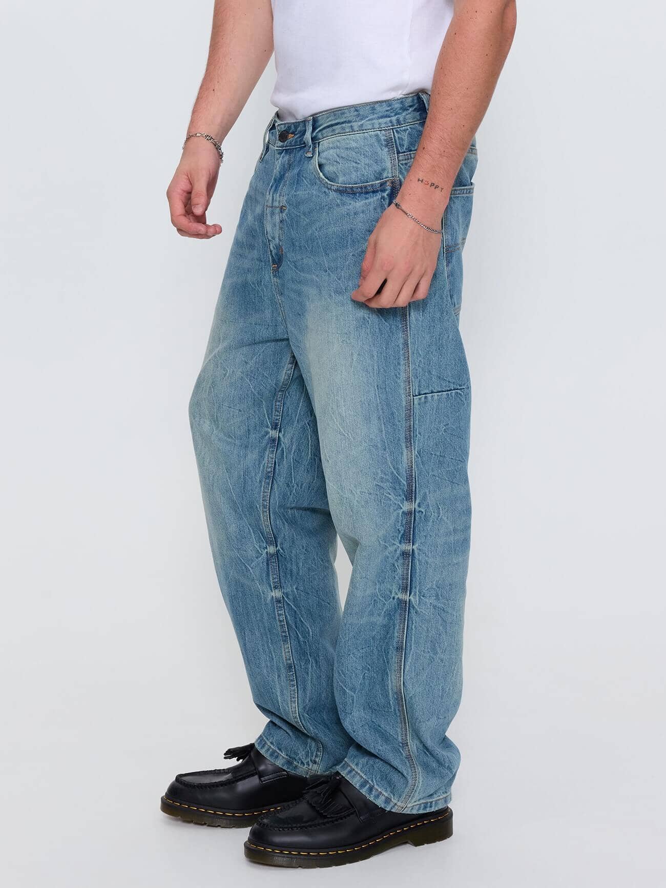 Web of Deceit Mid Slacker Relaxed Long Denim Jean - Dirty Crinkle Blue 26