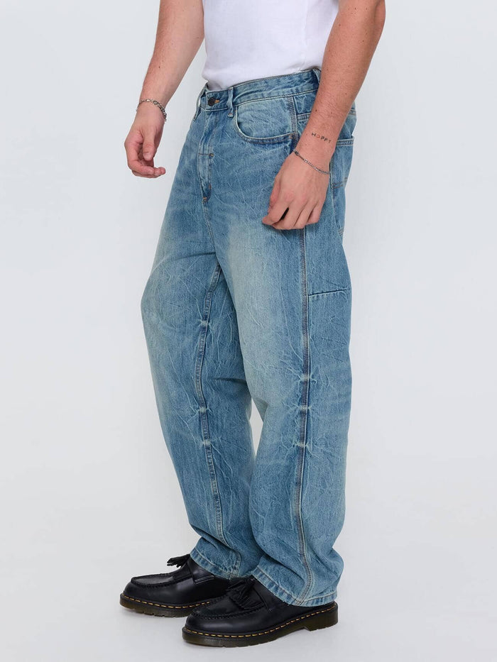 Web of Deceit Mid Slacker Relaxed Long Denim Jean - Dirty Crinkle Blue 26