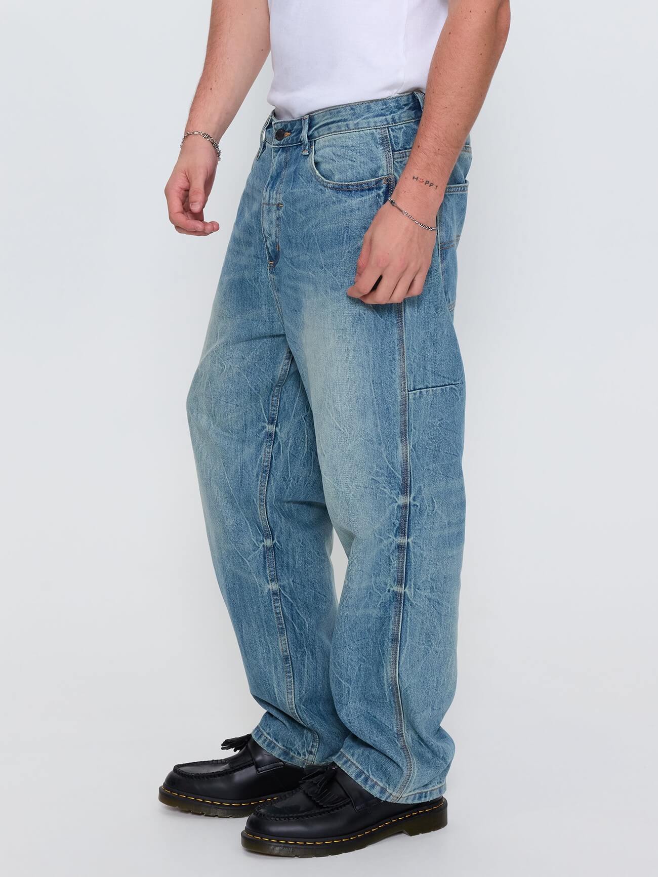 Web of Deceit Mid Slacker Relaxed Long Denim Jean - Dirty Crinkle Blue 26