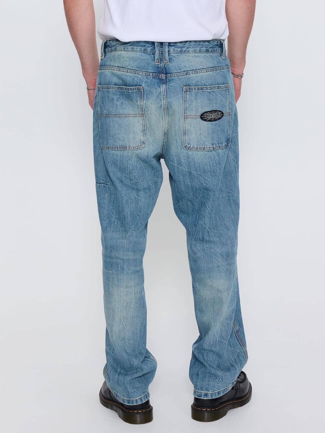 Web of Deceit Mid Slacker Relaxed Long Denim Jean - Dirty Crinkle Blue 26