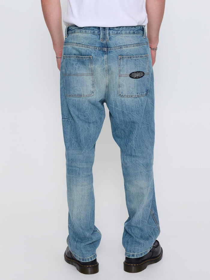 Web of Deceit Mid Slacker Relaxed Long Denim Jean - Dirty Crinkle Blue 26