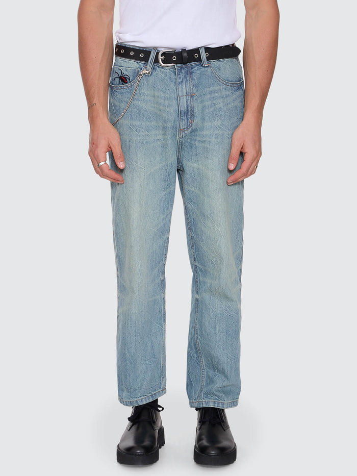 Web of Deceit Mid Slacker Relaxed Long Denim Jean - Dirty Crinkle Blue 26