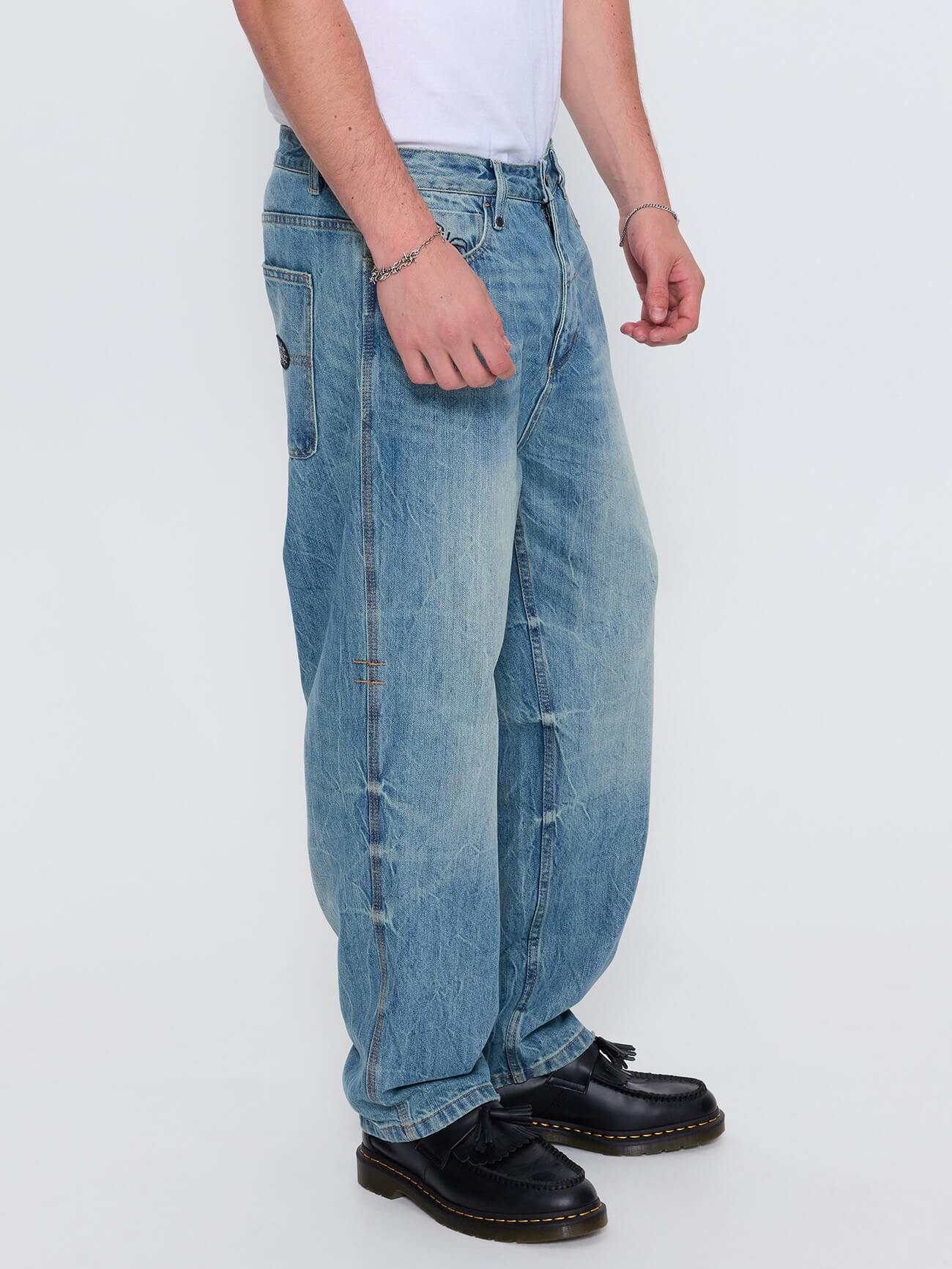 Web of Deceit Mid Slacker Relaxed Long Denim Jean - Dirty Crinkle Blue 26
