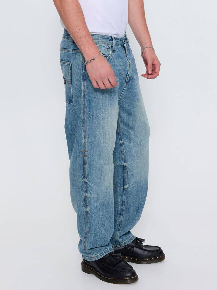 Web of Deceit Mid Slacker Relaxed Long Denim Jean - Dirty Crinkle Blue 26