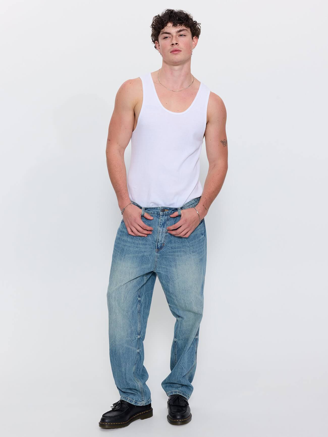 Web of Deceit Mid Slacker Relaxed Long Denim Jean - Dirty Crinkle Blue 26